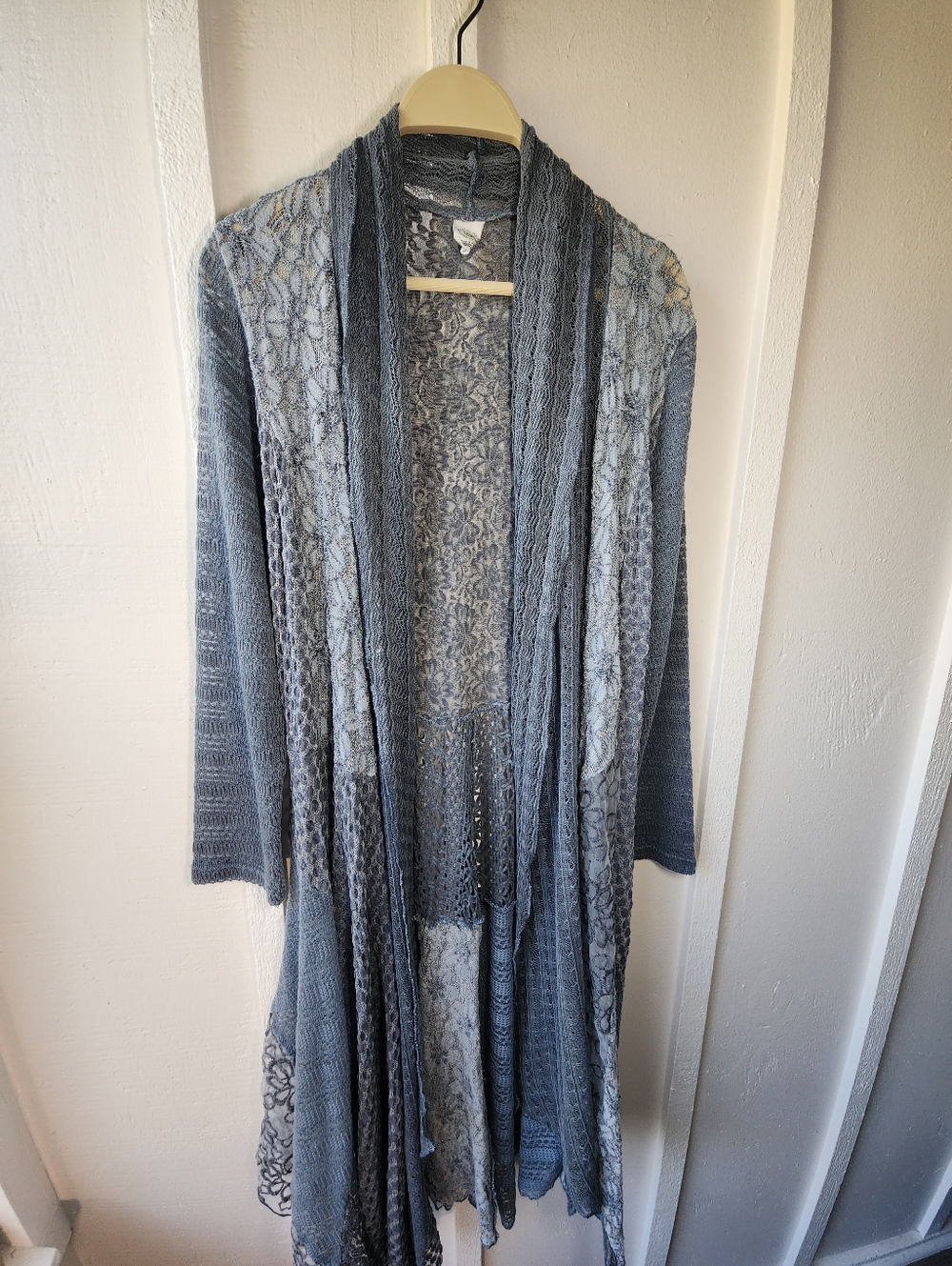 This & That Blue Lace Knit Open-Front Women's Cardigan Sweater Patchwork